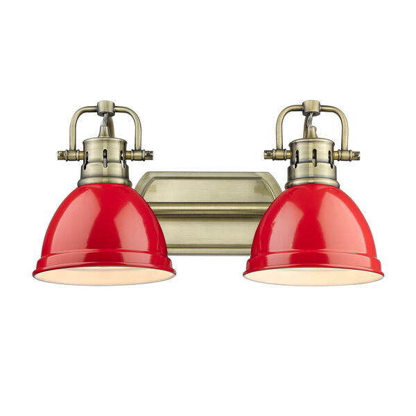 Duncan Aged Brass Two-Light Bath Vanity with Red Shades, image 2